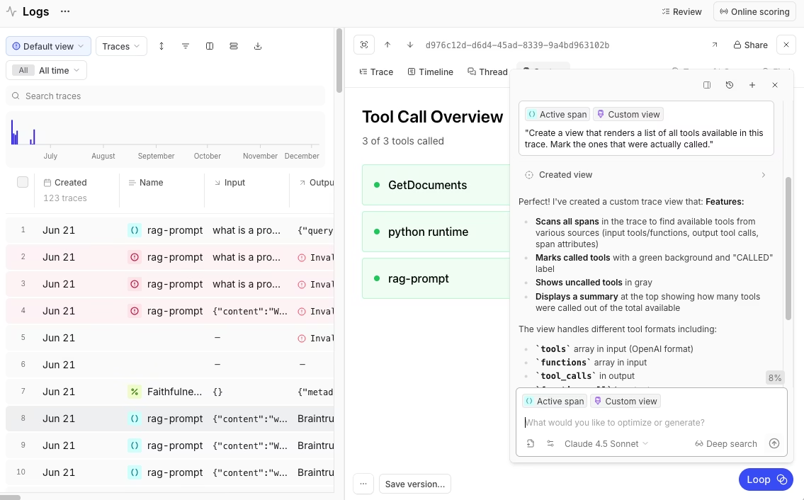 Braintrust tool call tracing with nested spans