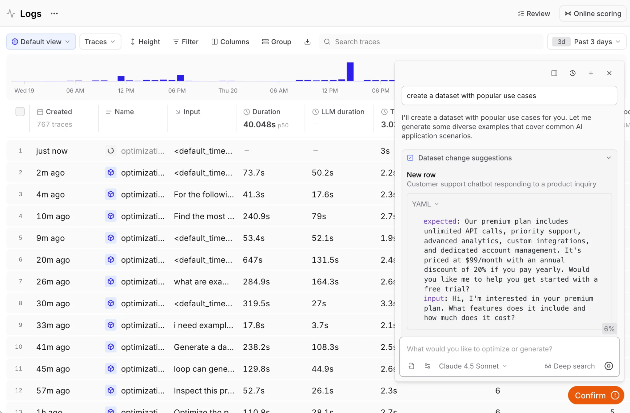 Braintrust Loop suggesting new dataset rows from production logs