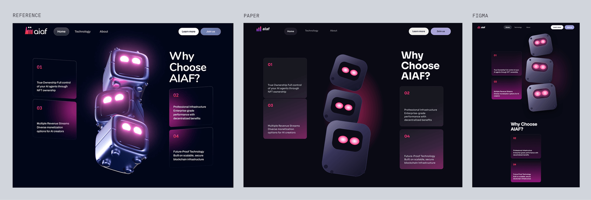 Reference for aiaf, dark landing page with three 3D robot heads, next to Paper's and Figma's best-of-three recreations