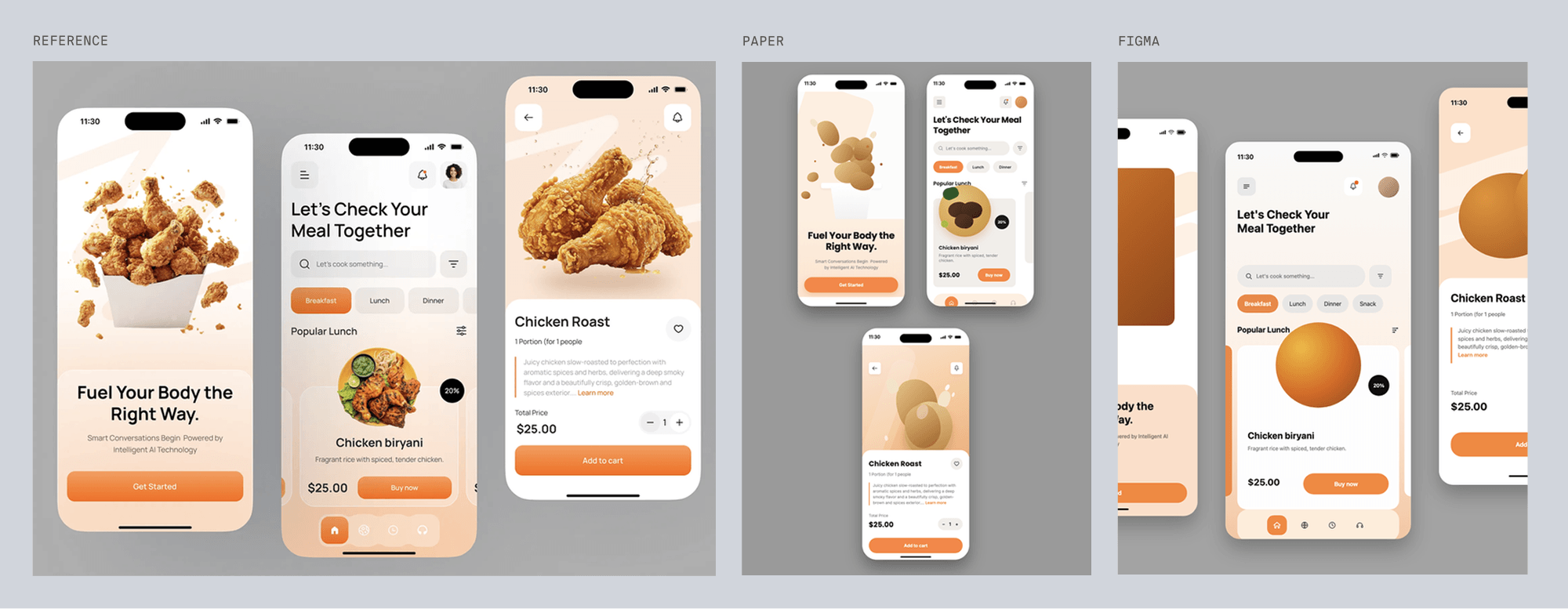 Reference for food, orange food app on three phones, next to Paper's and Figma's best-of-three recreations