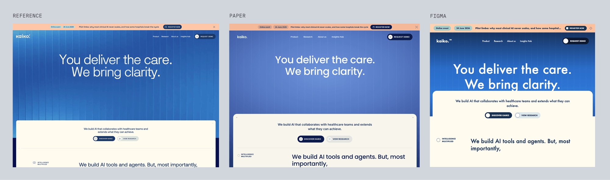 Reference for kaiko, blue gradient healthcare hero, next to Paper's and Figma's best-of-three recreations
