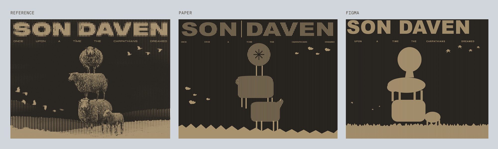 Reference for sondaven, ASCII halftone artwork of stacked sheep, next to Paper's and Figma's best-of-three recreations